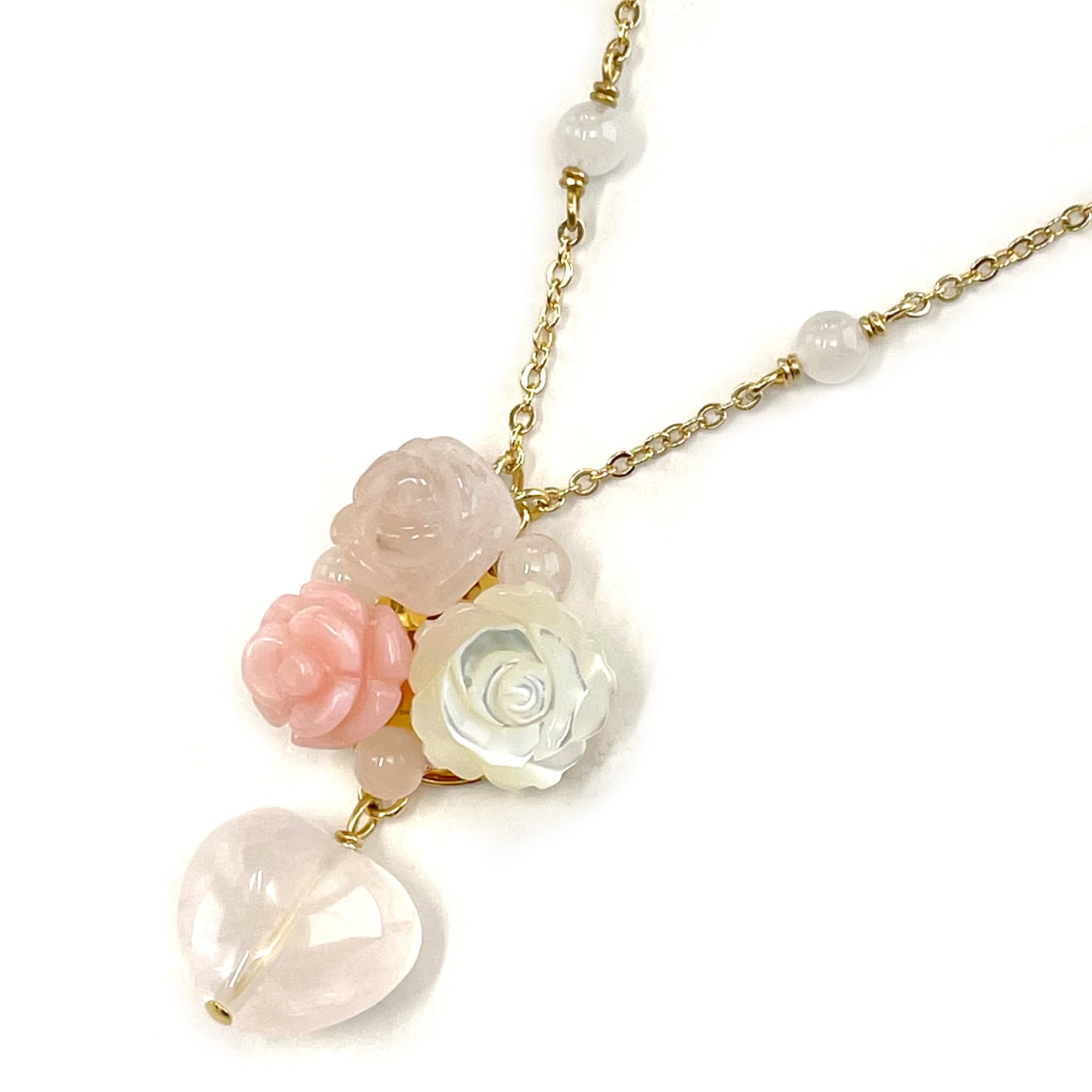 

Cherry Rose Quartz Heart Rose Flower Pink Opal Pendant Natural Power A1125 Mother-of-Pearl Necklace, Stone, Stone, розовый