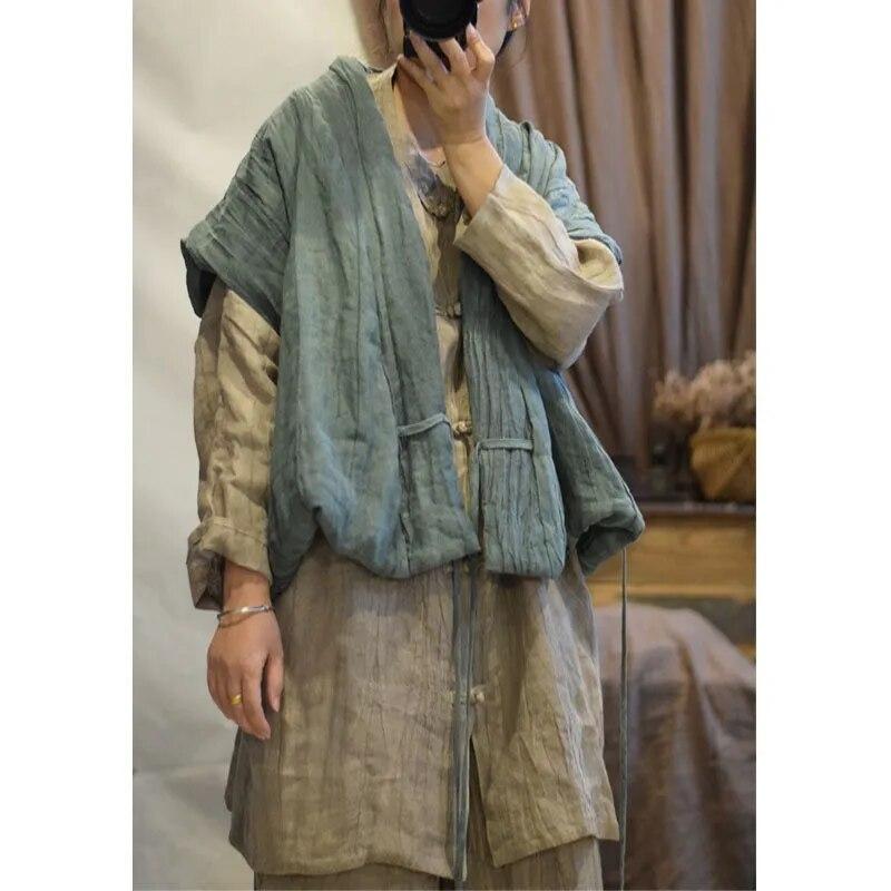 Johnature Herbst Frau Leinen Unregelmäßige Vintage Stil Weste Einfarbig Chinesischen Stil Casual Baumwolle Kleidung