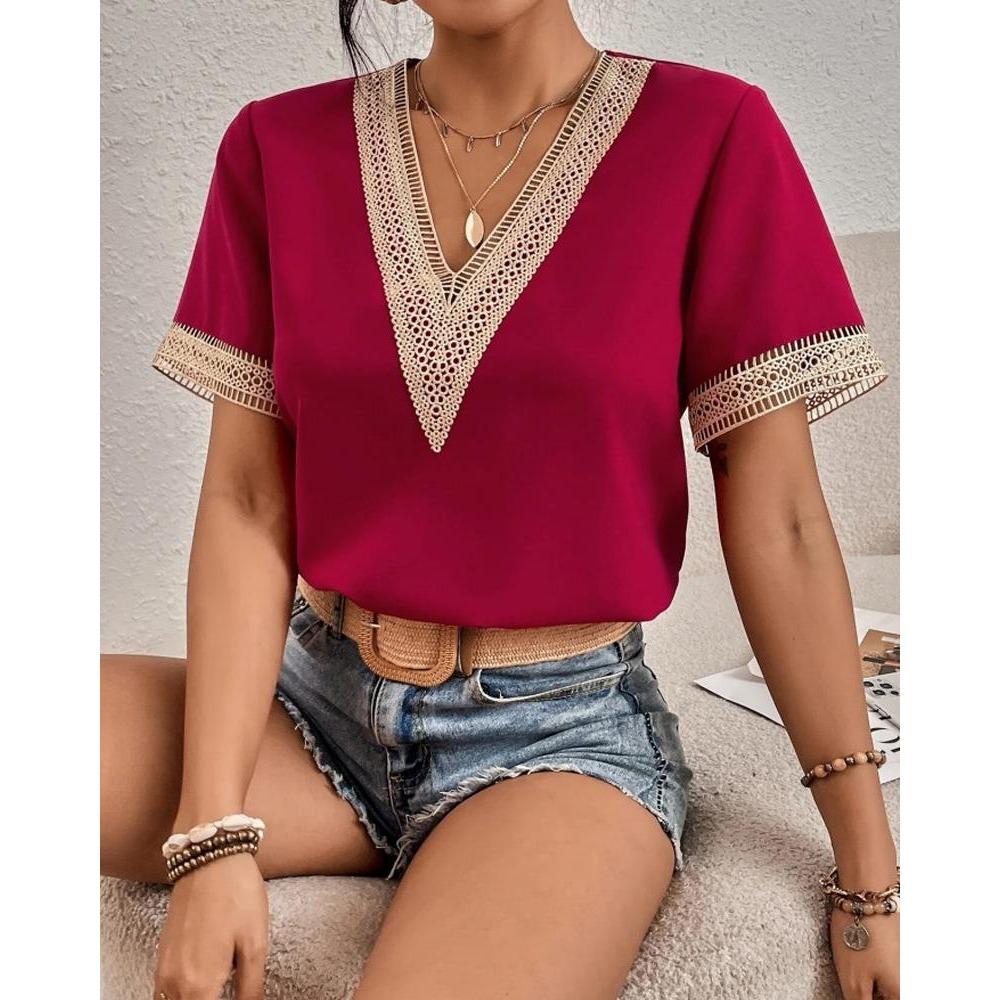 GMXIA Lace Lace Short-sleeved Chiffon Top for Women