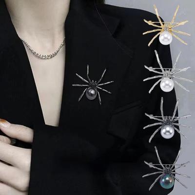 Exaggerated Design Spider Brooches White Pearl Black Pearl Punk Brooches Metal Pin Creative Design Animal Jewelry