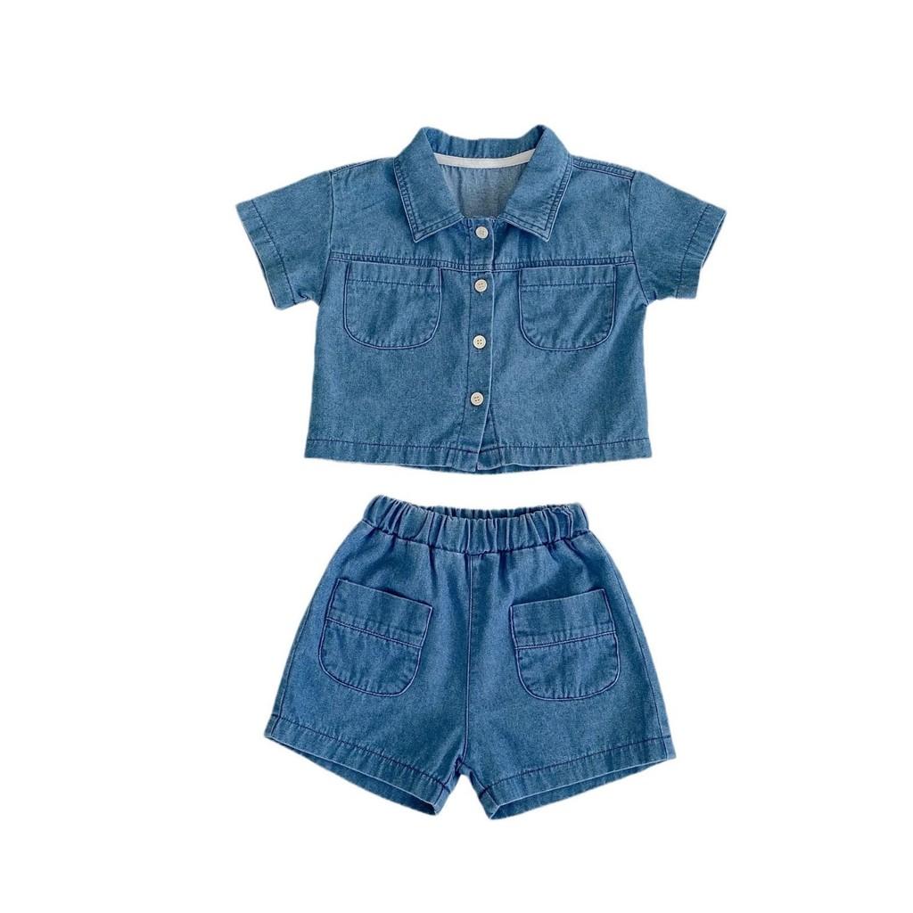 Summer Baby Denim Short Sleeve Pocket Top And Shorts Set For Boys And Girls 2 Piece Outfit