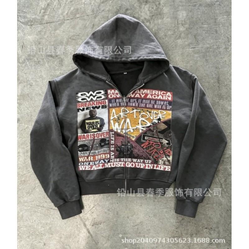 2026 Retro Print Zip-Up Hoodie Unisex Streetwear Oversized Casual Sweatshirt Teens Adults