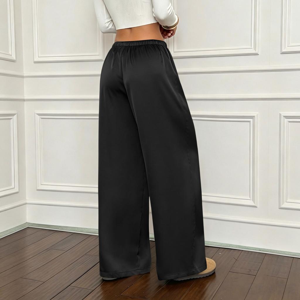Women's High Waist Wide Leg Pants Loose Fit Casual Trousers Lightweight Flowing Fabric Elastic Waistband with Drawstring