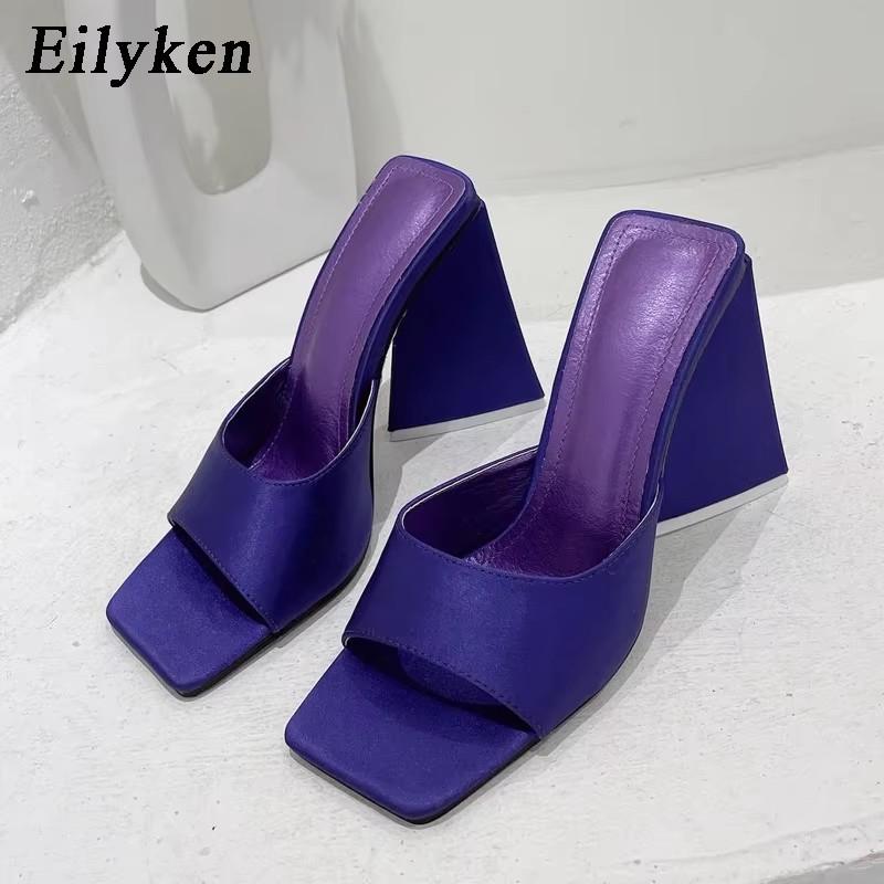 Eilyken 2025 New Arrival Summer Silk Triangle Square Heels Slippers Sexy Woman Party Square Toe Dress Slides Shoes