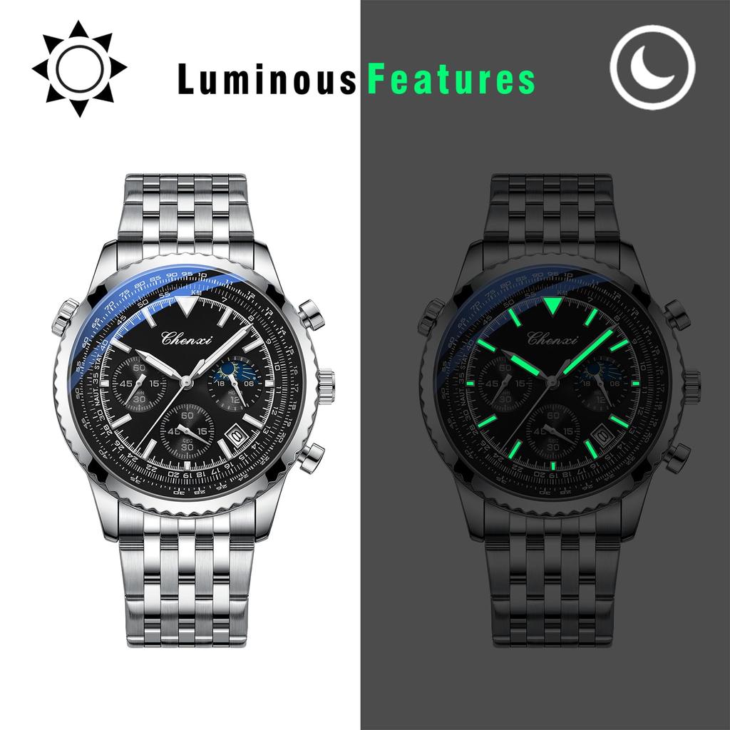 Men's Stainless Steel Watch with Calendar, Analog Display, 3ATM Water Resistance, Small Seconds, Luminous Quartz Movement, Silver, Fashion Accessory