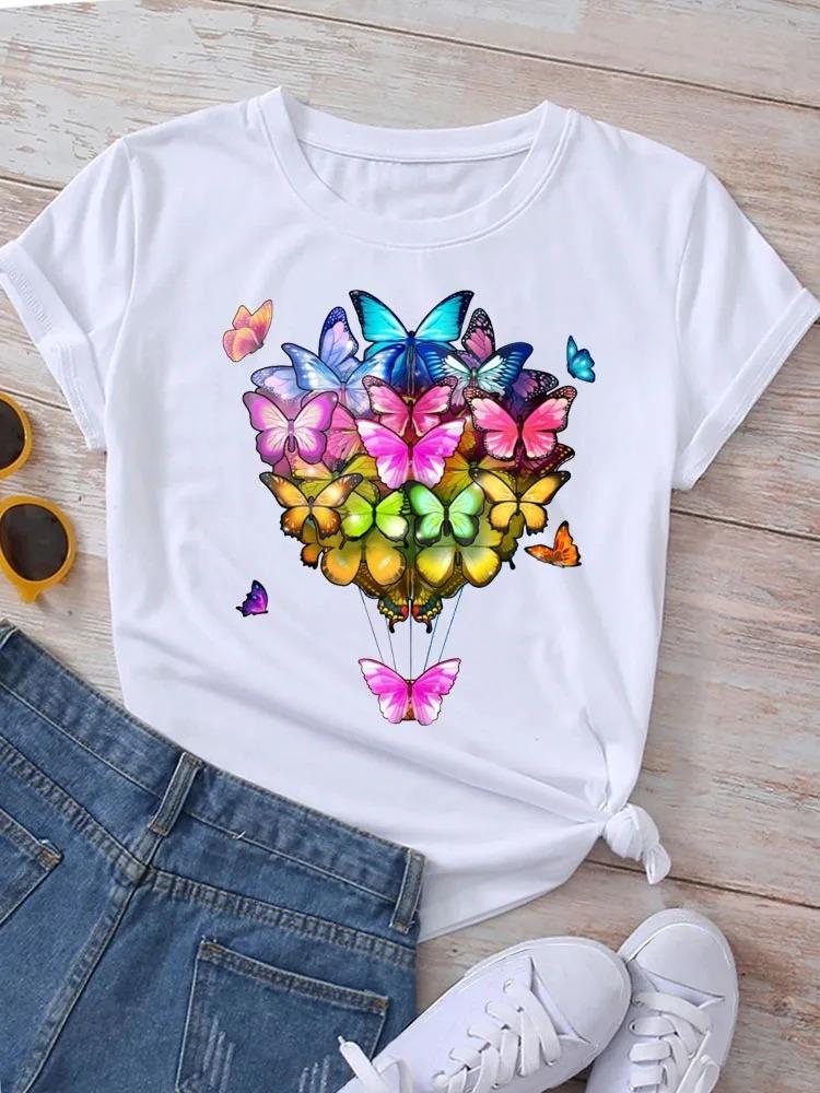 New Butterflies Balloons Print T-Shirt Fashion Harajuku White Graphic Tees Casual Short Sleeve Lady Y2k Tops Women's Clothing