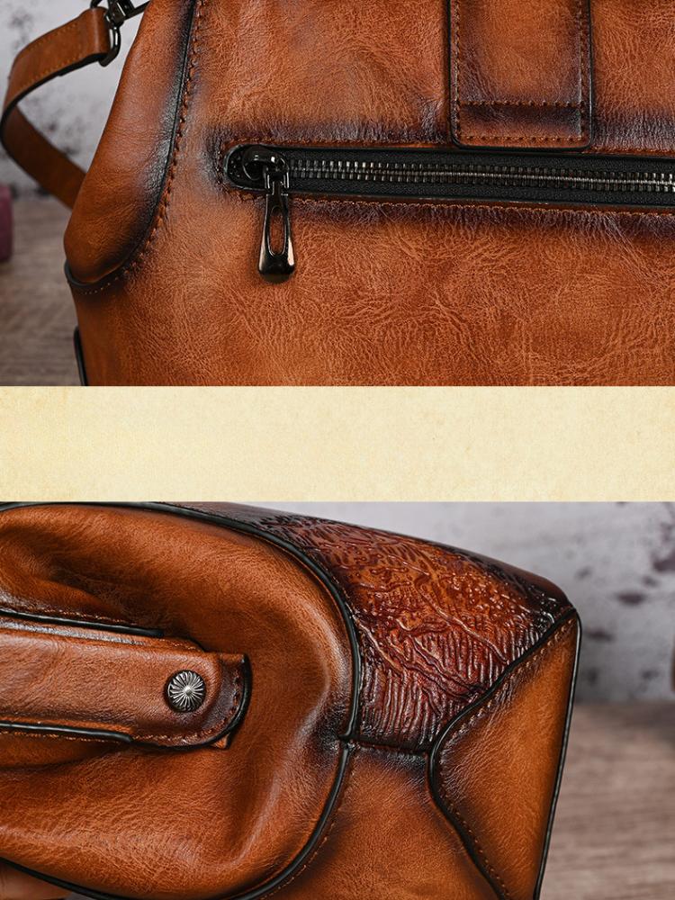 Johnature Vintage Handmade Embossed Handbag Versatile Leather Women Bag Large Capacity Shoulder & Crossbody Bags