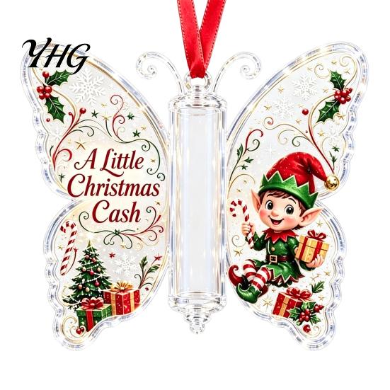 Festive Tree Hanging Decor Butterfly Cash Gift Ornament, Christmas Money Holder with Gifts for Family Friends Print, Acrylic Pendant Surprise Giving,