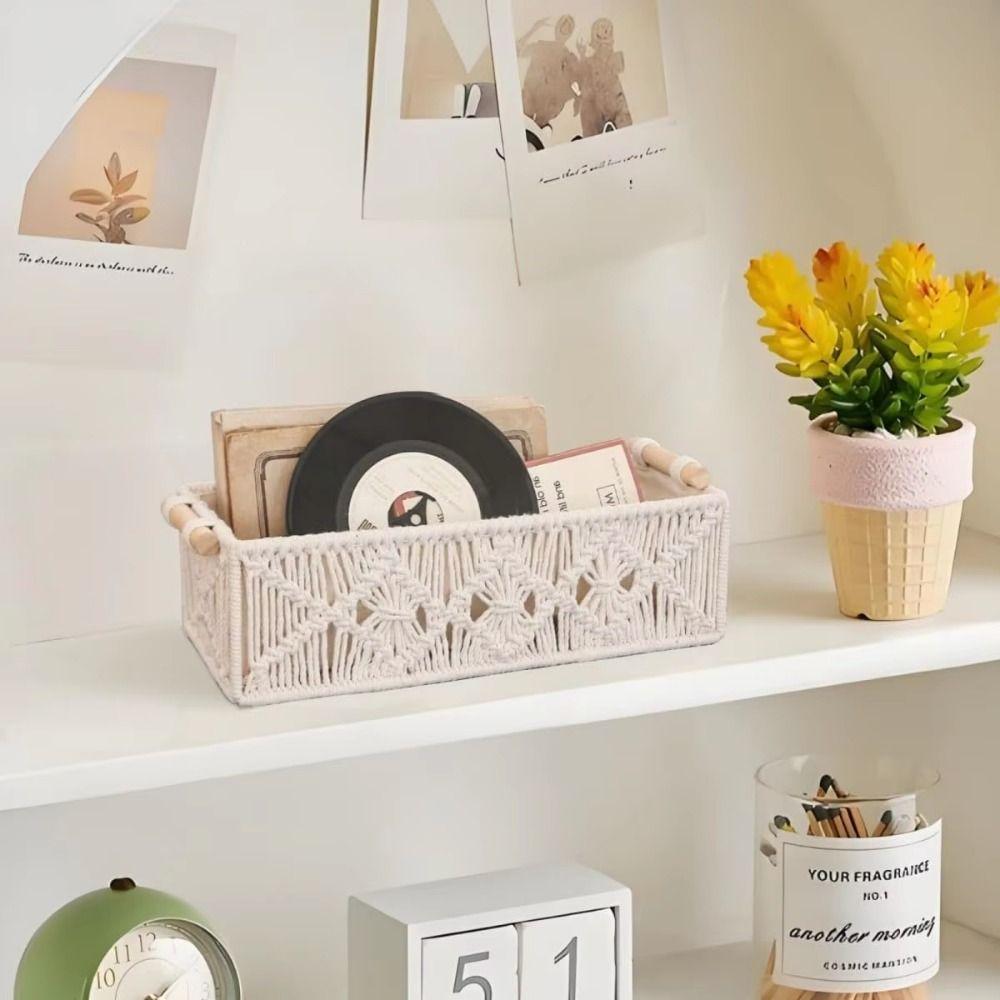 Decorative Macrame Organizer Box Grid Designed Woven Storage Basket Hand Woven Storage Box  Desktop