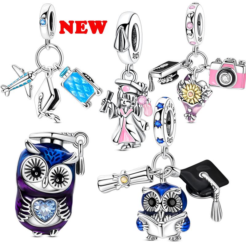925 Silver Charms Bachelor's Cap Graduate Beads Pendant Fit Original Bracelet DIY Bead Gift For Graduation Ceremony