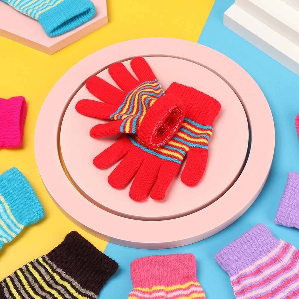 Venkovní Dívčí Chlapecké Zesílené Kreslené Dětské Prstové Rukavice s Potiskem Pruhů