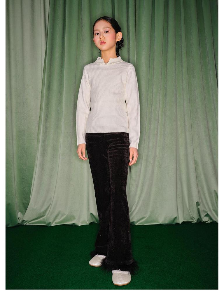 2025 New Chinese Style Girls' White Sweater - Thick Knit Base Layer for Autumn/Winter