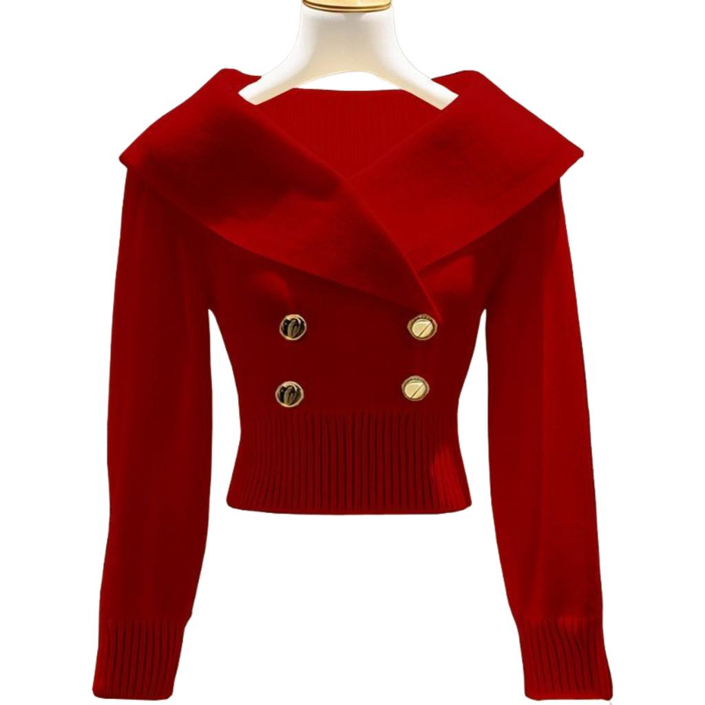 Women's Lapel Sweater Fall and Winter Solid Color Slim Knit Sweater Stretch Pullover Knitted Sweater