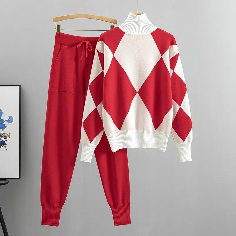 Geomatric feminino camisola conjuntos de ternos outono inverno grosso macio conjuntos de malha pullovers calça longa casual 2 pçs terno de pista