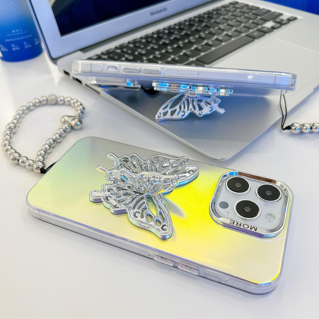 For Apple 16E Three-dimensional Butterfly Stand Electroplated Laser for IPhone15promax Bracelet Mobile Phone Case