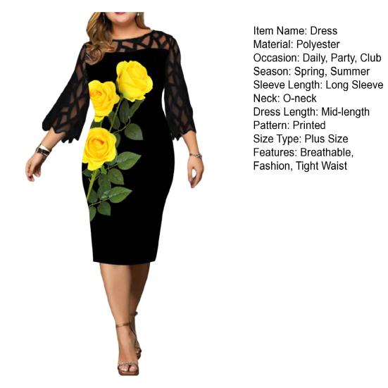 Pullover Women Dress Round Neck Hollow Out 3/4 Sleeves Lace Stitching Party Fashion Wear Plus Size Spring Summer Floral Printed Midi Clothing Ladies