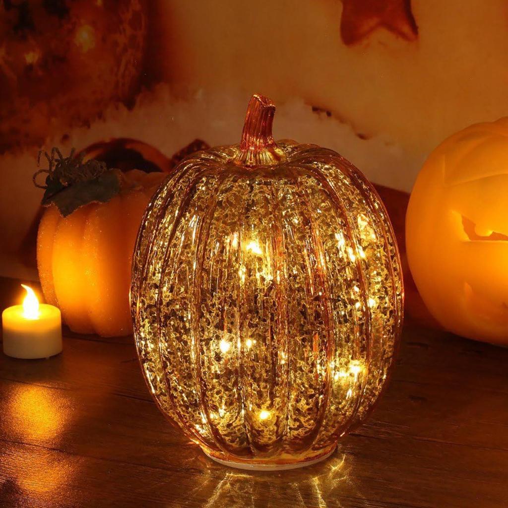 LED Glass Pumpkin Decoration with Warm Light for Fall Halloween Home Decor