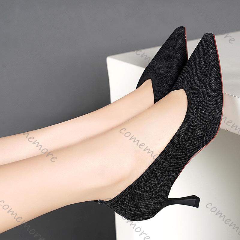 Fashion Comemore Pointed Toe Single Shoes High Heels Simple Solid Color Knitting Pumps Woman Shoes Spring Autumn Solid Heels for Women