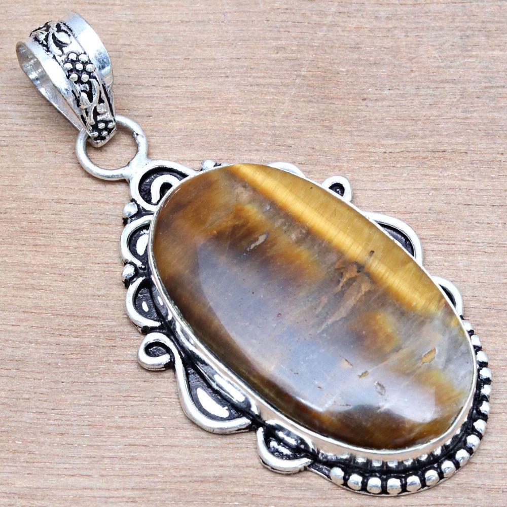 Pendant Tiger's Eye Gemstone Handmade Mother'Day Silver Jewelry 2.25"