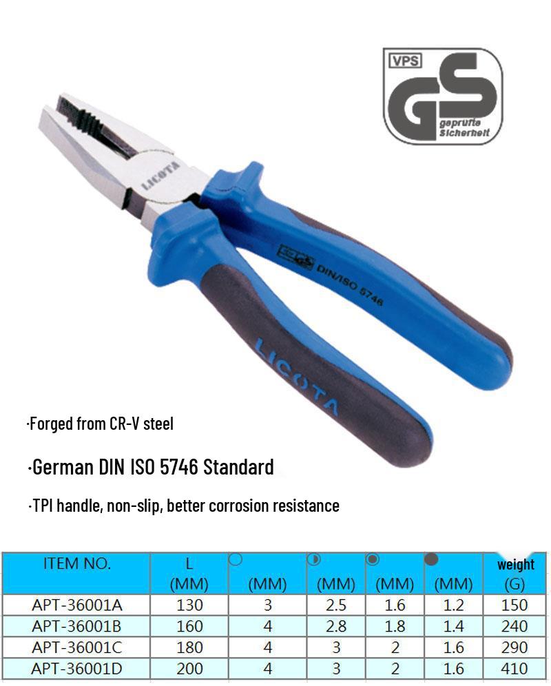LICOTA Likeda Multi-functional Two-color Handle Steel Wire Flat Jaw Tiger Pliers APT36001