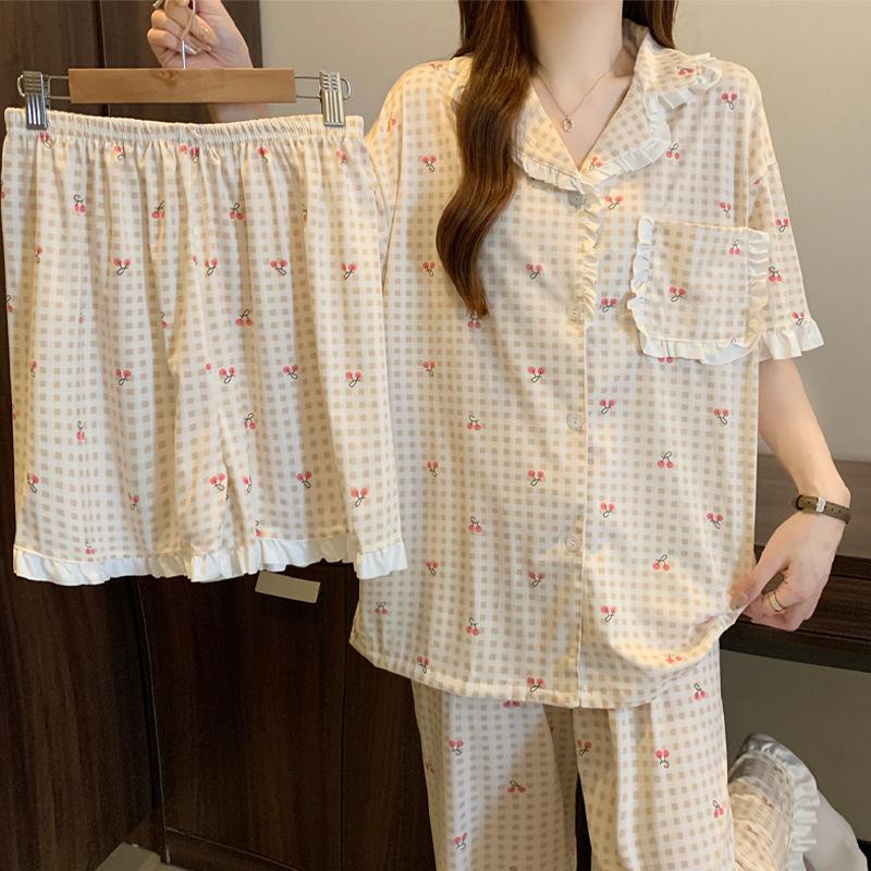 Sweet girl cherry plaid summer pajamas women's imitation cotton sweet lace short-sleeved three-piece loungewear