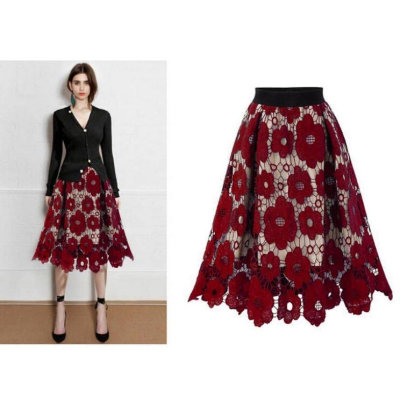 Crochet Hollow Out Flowy Patterned Lace Skirt Casual High Elastic Waist Below Knee Skirt Women's A Line Skirts Elastic Waist Skirts