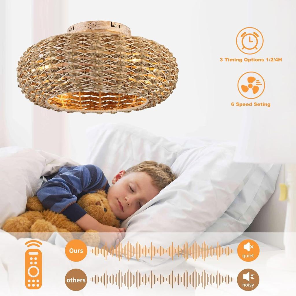 Retro Minimalist Ceiling Fan Light Hemp Rope Iron Cage Industrial Style Bedroom Home Decoration Fan Rattan Rope Fan Light 110v