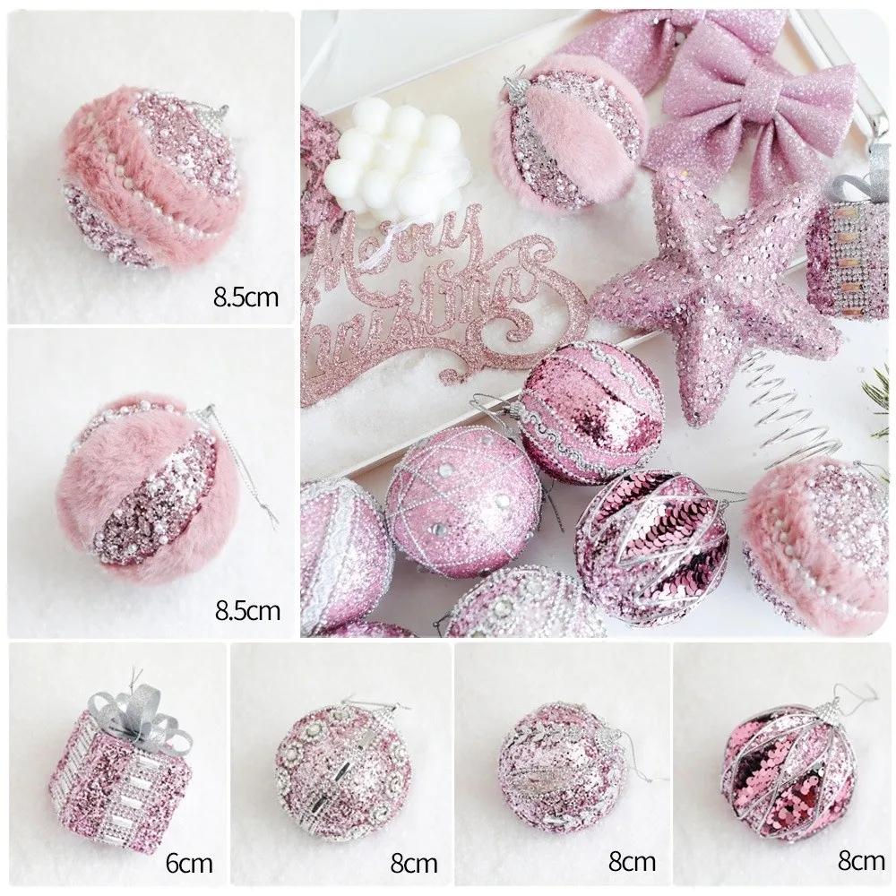 Pink Christmas Tree Ornaments Foam Ball Bow Tree Top Star Shatterproof Xmas Tree Hangings Pendant DIY Xmas Decorations