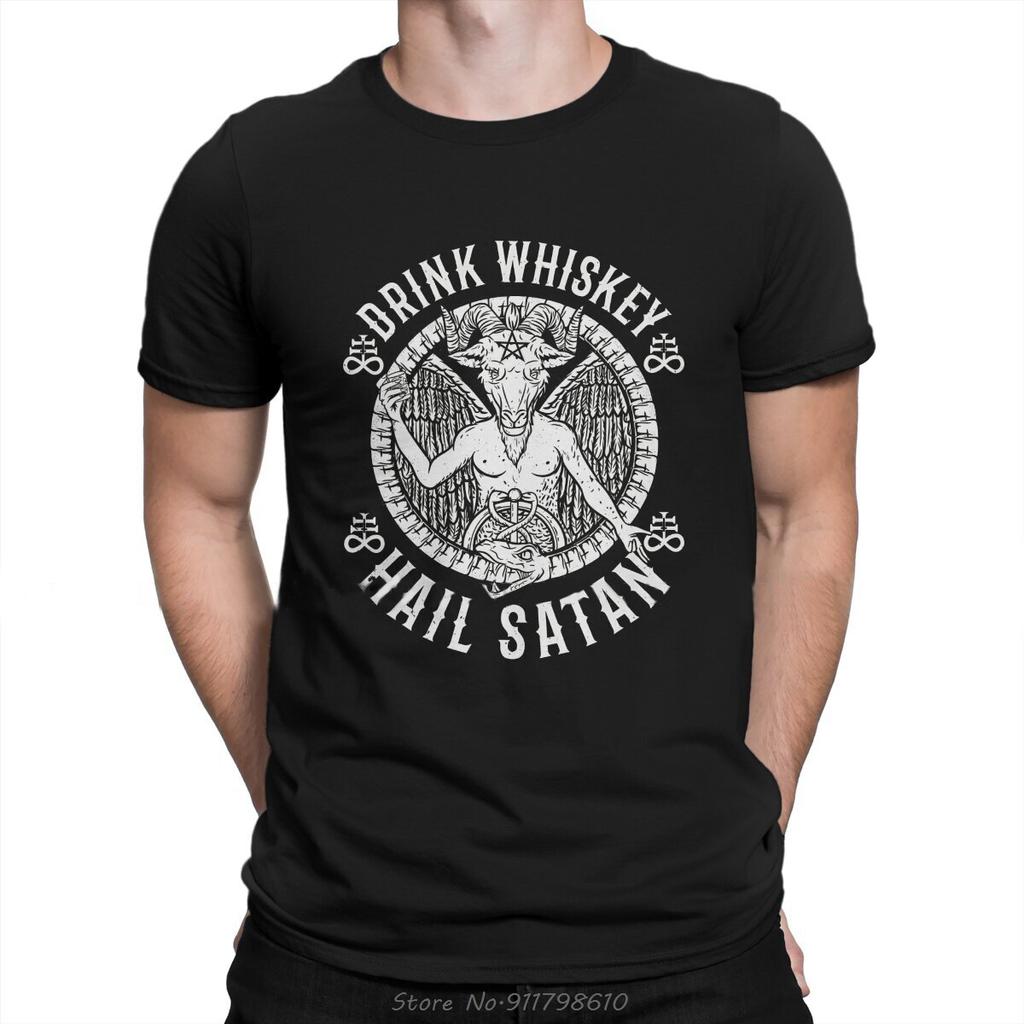 Whiskey Wine Drinks TShirt For Men Hail Satan Satanic Baphomet Basic Summer Tees T Shirt Tops Novelty New Cotton T-shirt
