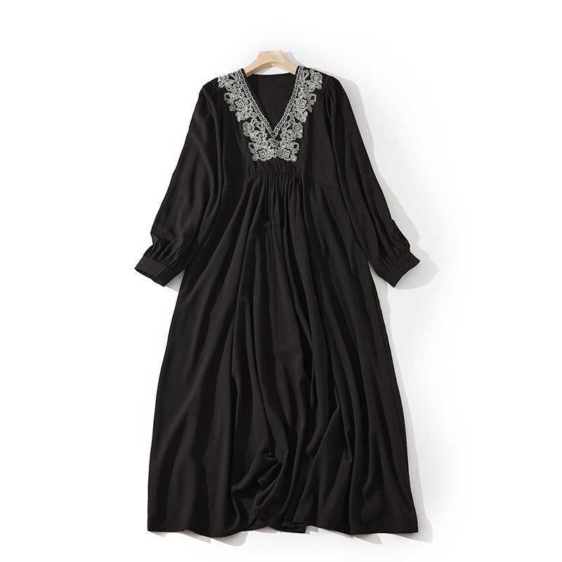 

Свободное вышитое платье с длинным рукавом большого размера для женщин one size fits all чёрный