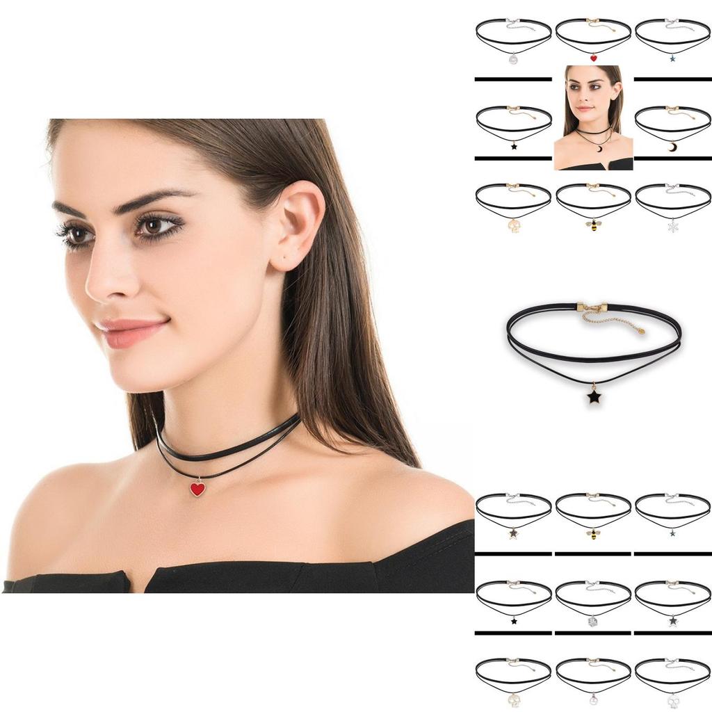 Trendy Pu Layered Choker Necklace For Women With Eye-catching Dual Heart And Star Pendants