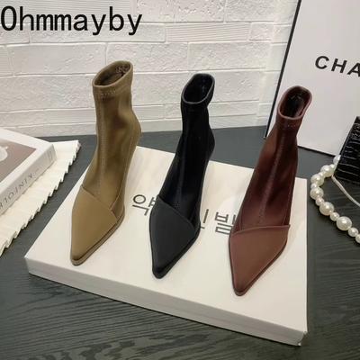Bottines pointues pour femmes, chaussures à enfiler tendance, automne hiver, talon haut, bottines courtes modernes pour femmes