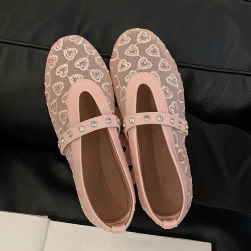Flat Shoes Spring New Round Head Shallow Mouth Glitter Embroidery Mesh Crystal with Soft Sole Non-slip Shoes