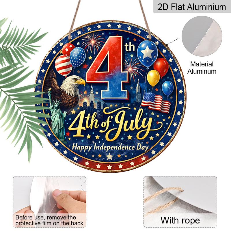 2D Flat, 1pc Round 4th of July Aluminum Hanging Sign, Patriotic Bald Eagle Statue of Liberty Balloon Firework Design, Retro Distressed Patriotic Wall