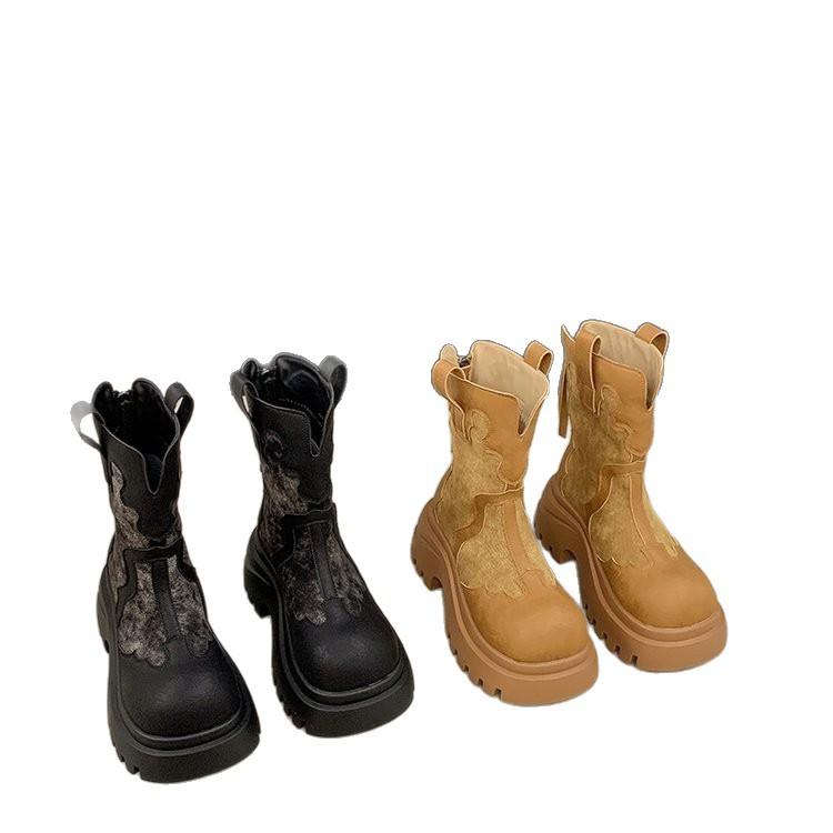 National Style 2025 Autumn New Single-layer Leather with Cloth Thick-soled Denim Fashion Explosion Martin Boots Children's Round Head Short Boots