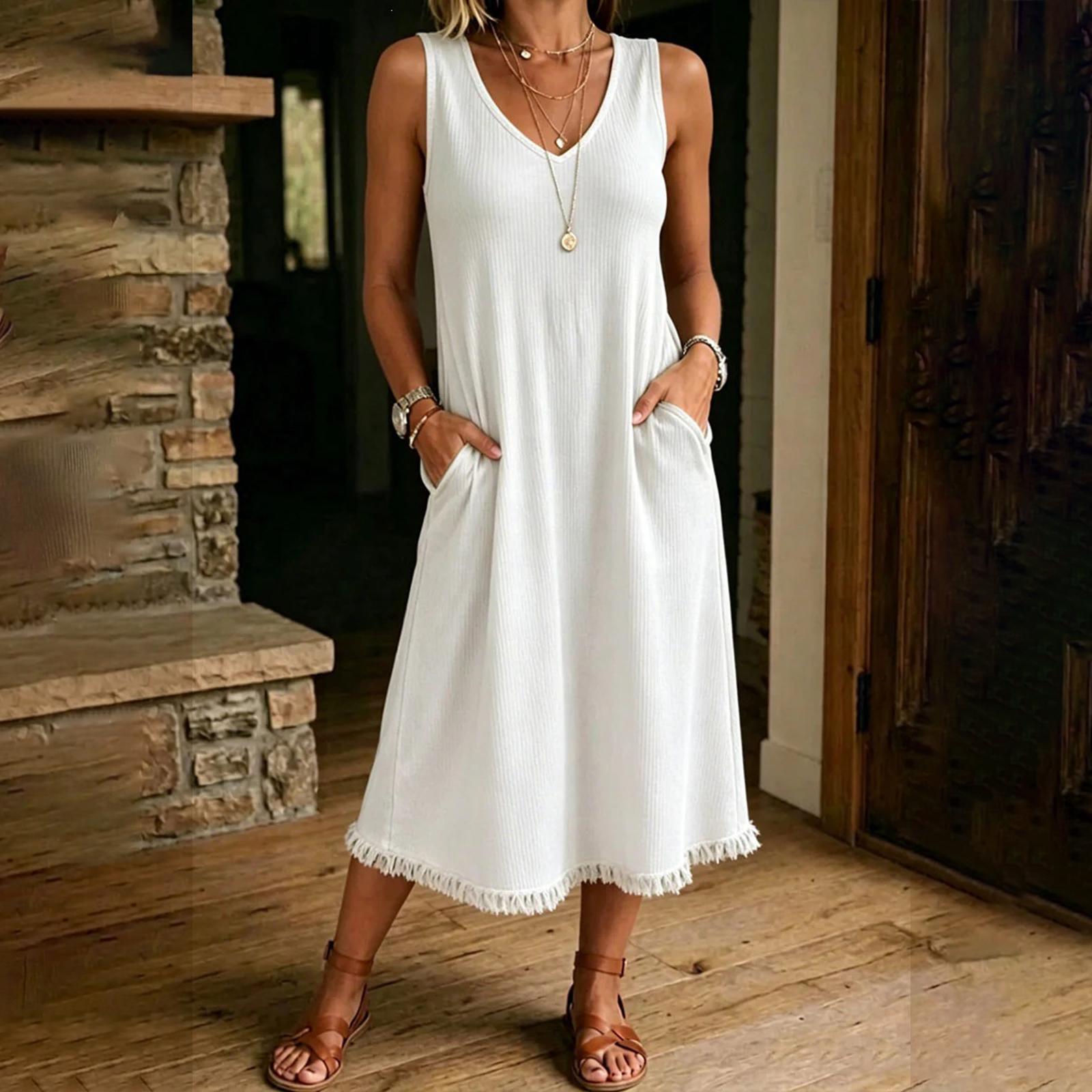

Women s Casual Loose-fitting V-neck Pullover Dress With Long Sleeves XL білий