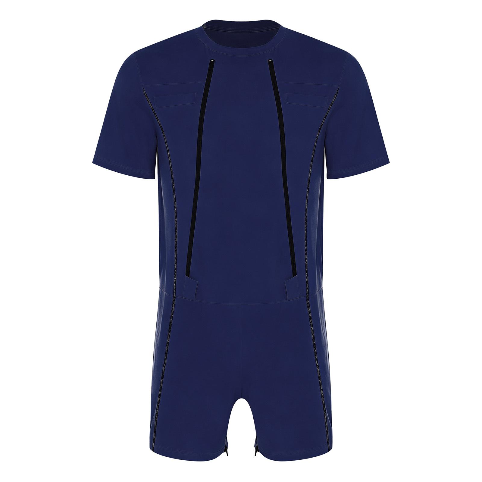 

Mens Anti Strip Jumpsuit Front Double Zip Zipper Crotch Short Sleeve Alzheimer Elderly Adaptive Rompers Caring Nursing S темно-синього кольору