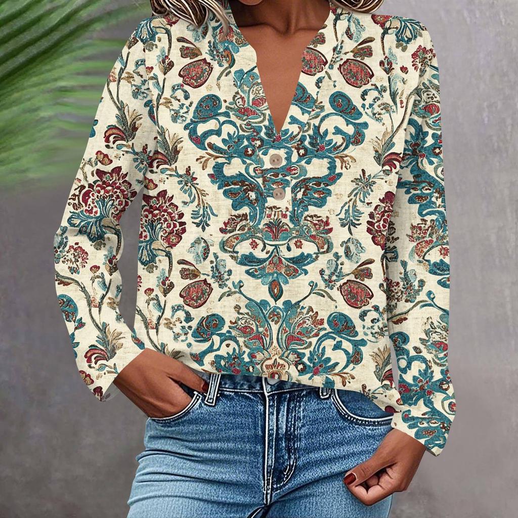 Women's Fashionable And Casual Shirt Long Sleeve V-neck Button Printed Blouse Top