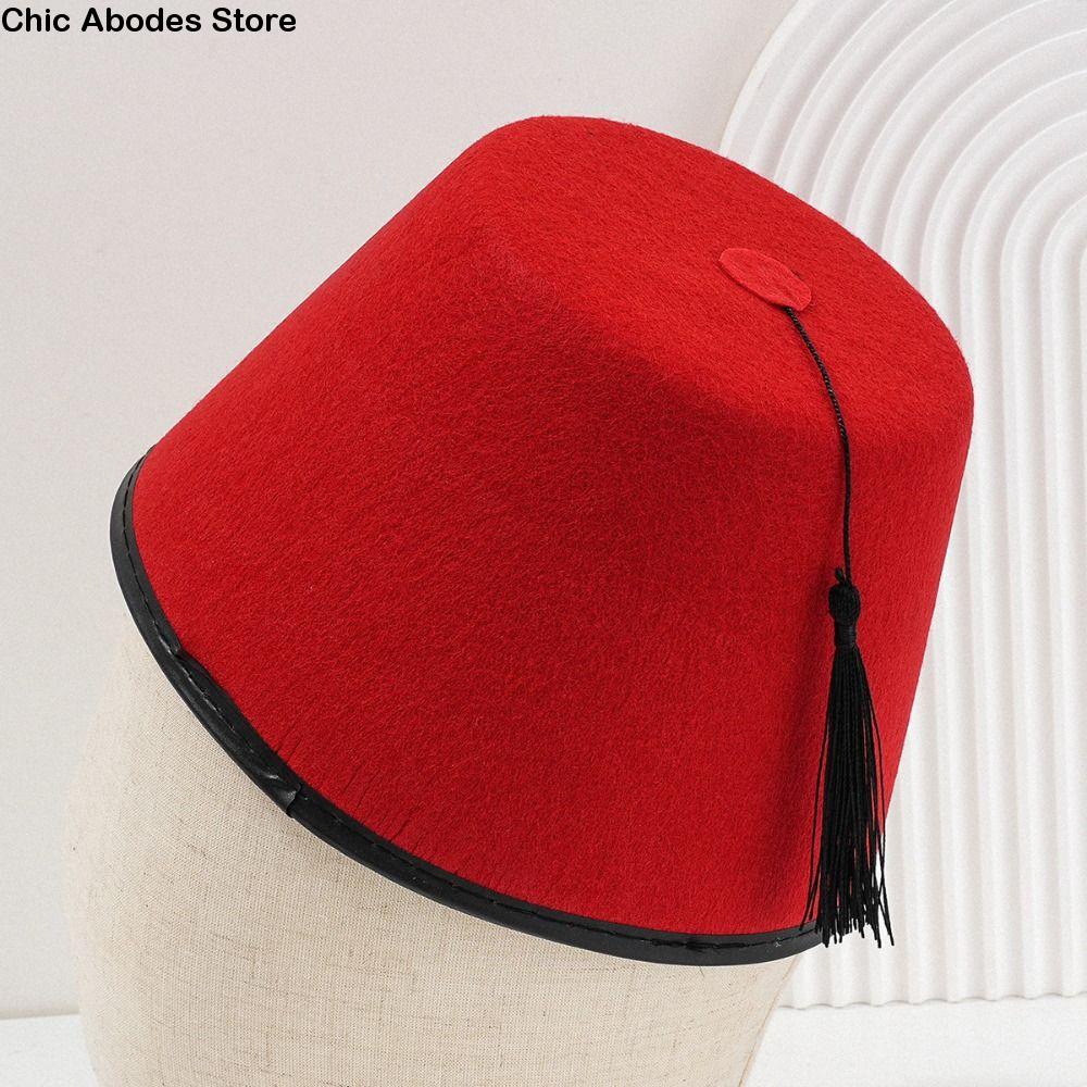 Round Felt Fez Cap Moroccan Hat Breathable Tarboosh Fez Hat Ottoman Cosplay Turkish Tassels Cap Role Play Headwear