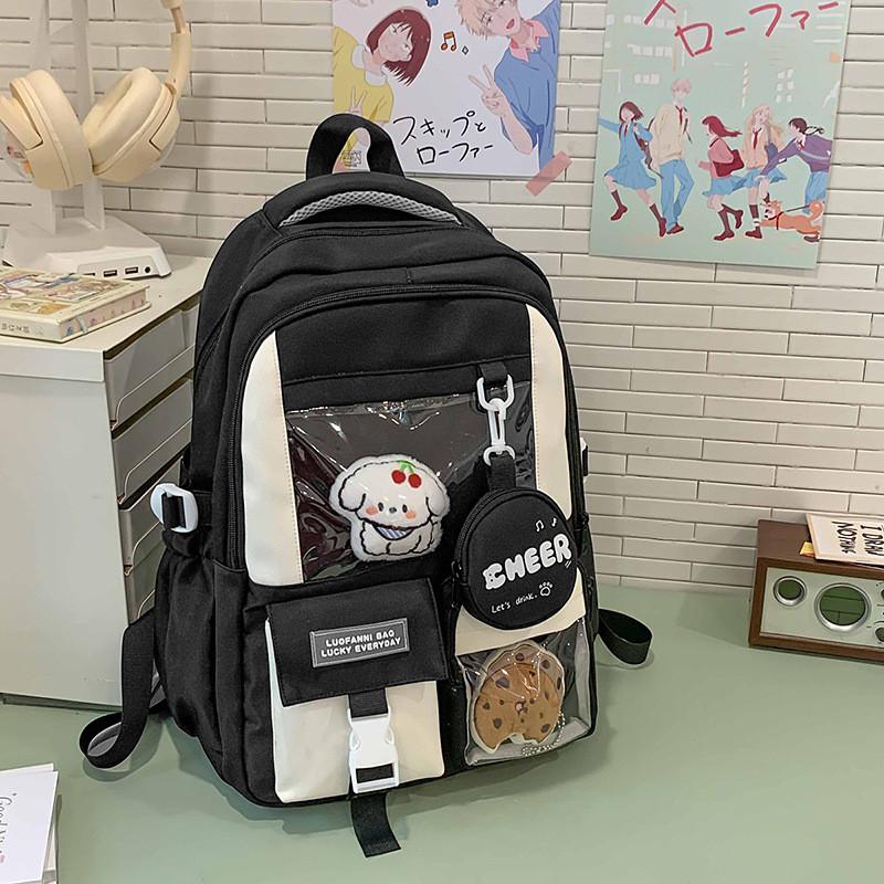 

Color Blocked Fashion Letter Pattern Backpack With Transparent Compartment Black Dog Biscuits