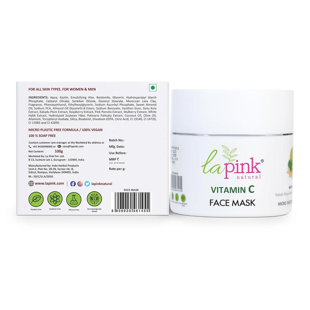 La Pink Vitamin C Face Mask with White Haldi & Kakakdu Plum | For Glowing Bright Skin | 100% Microplastic Free Formula | All Skin Types | 100gm