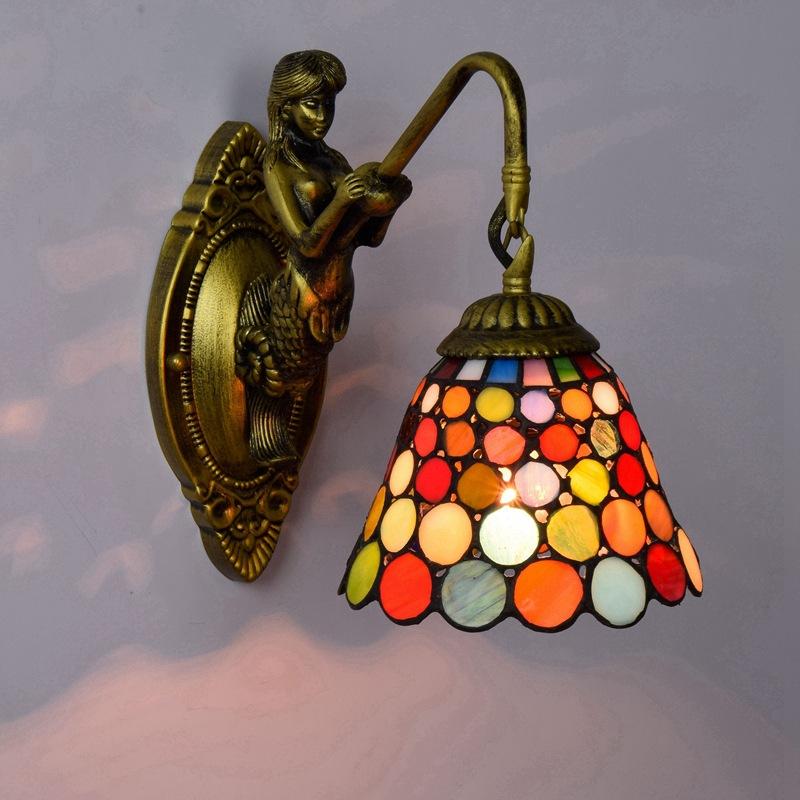 European Stained Glass Mermaid Wall Lamp Bedroom Bedside Lamp Retro Creative Dining Room Balcony Aisle Staircase Light