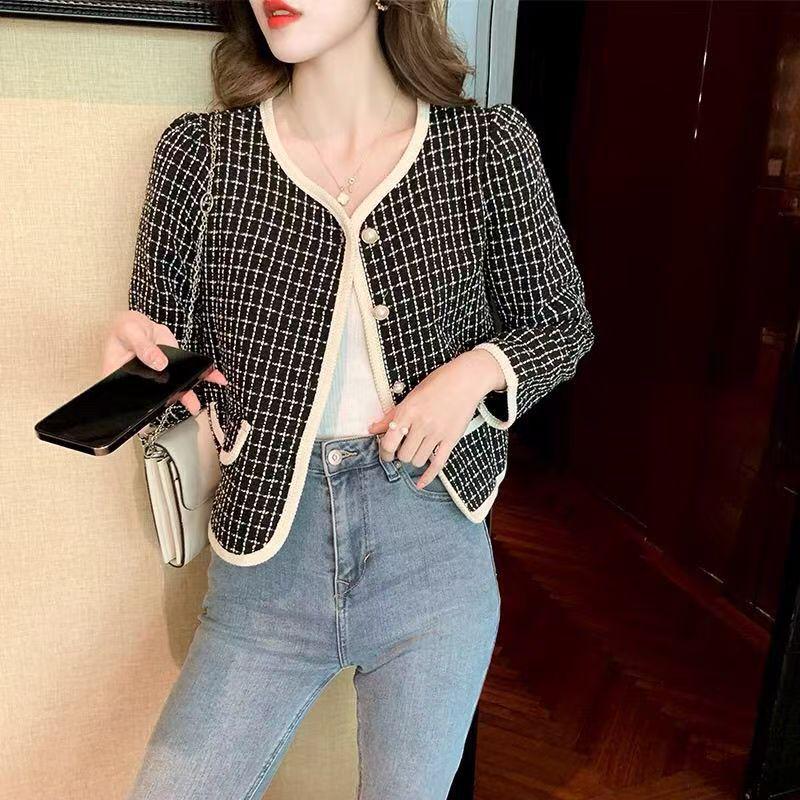 2024 Spring Women's Houndstooth Chic Single-Breasted Long-Sleeve Cardigan Jacket