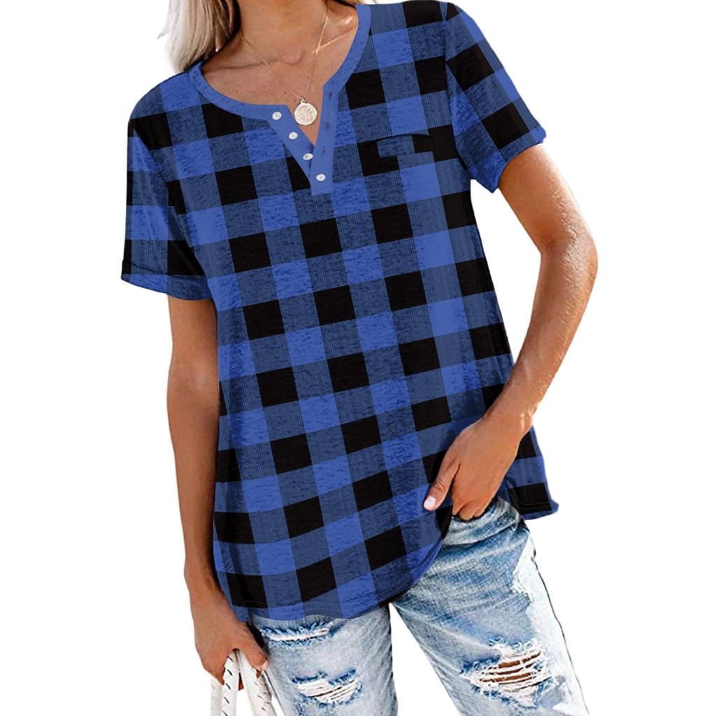 Women's Fashionable Casual Summer Plaid Print V-neck Button Short-sleeved Top
