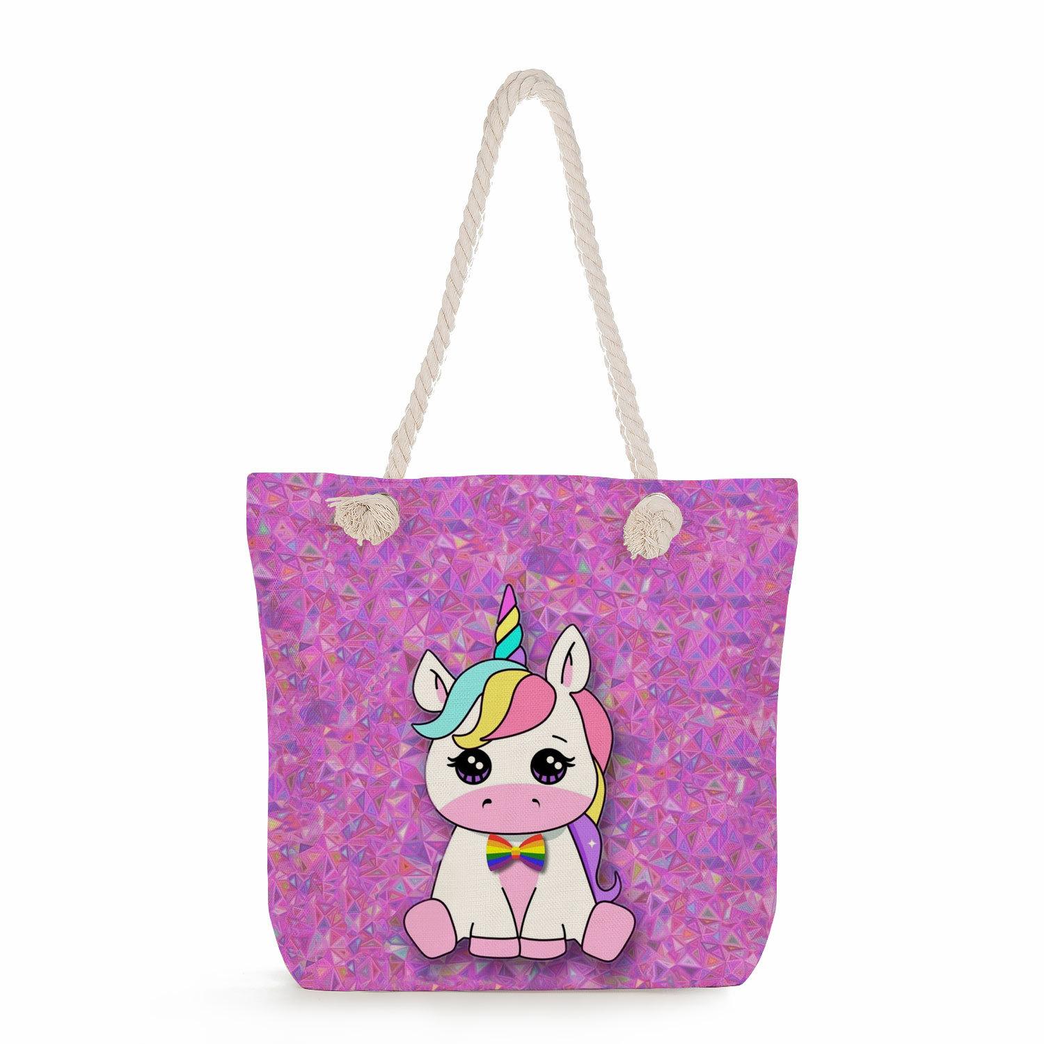 Colorful unicorn print thick rope single-shoulder beach bag 7311 KTB