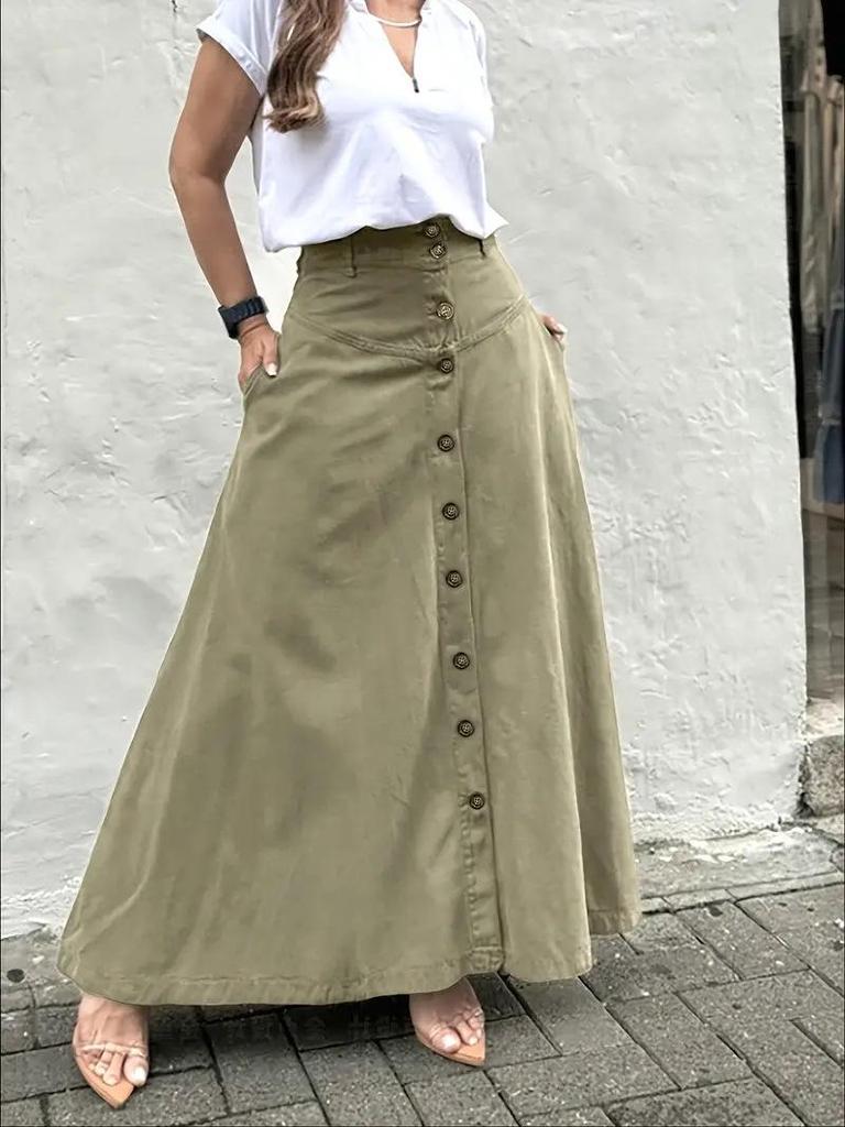 Women's Elegant High-Waisted A-line Skirt with Buttoned Front Slit and Pockets