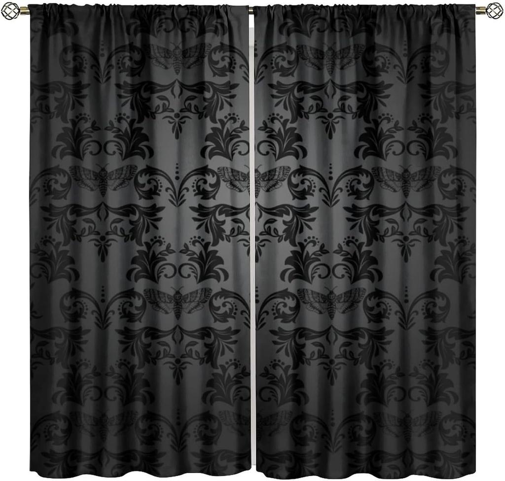 Gothic Black Damask Curtain Vintage Floral Exotic Suger Skull Window Treatments Bedroom Bone Skeleton Antique Bohemian Polyester Washable Ready