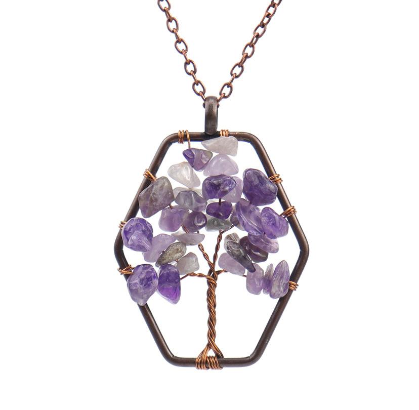 

Handmade Vintage Wrapped Hexagonal Tree Of Life Necklace Gravel Crystal Pendant N19 аметист