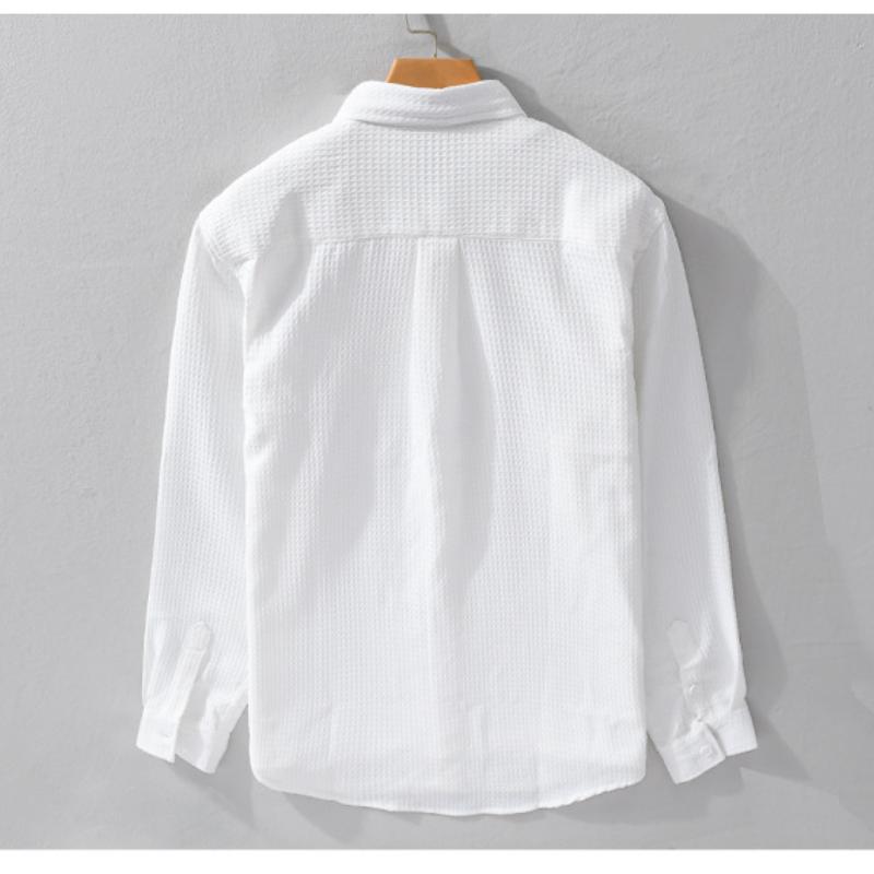 Spring and Summer Solid Color Long Sleeve Men Shirt Pocket Casual Shirt Turn-down Collar Waffle Textured Shirt Simple Style Men Clothing