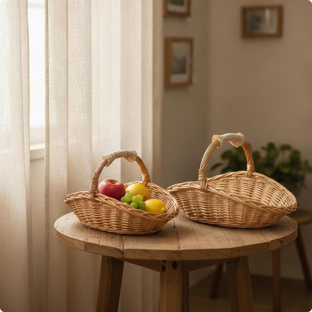 2 Pieces Wicker Storage Basket with Handle Woven Fruit Rustic for Kitchen, Home Organization